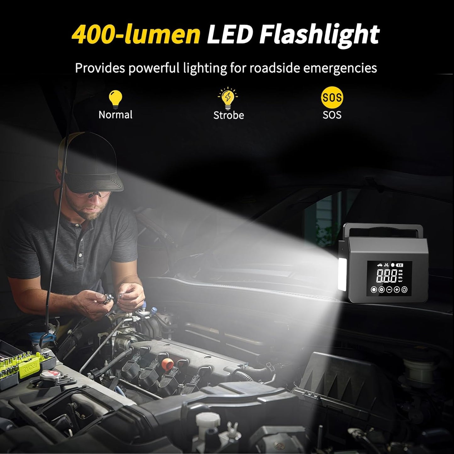4000A Portable Car Jump Starter with 150PSI Tire Inflator, 12V Battery Booster, 15000mAh Power Bank & LED Light