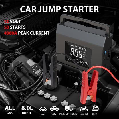 4000A Portable Car Jump Starter with 150PSI Tire Inflator, 12V Battery Booster, 15000mAh Power Bank & LED Light