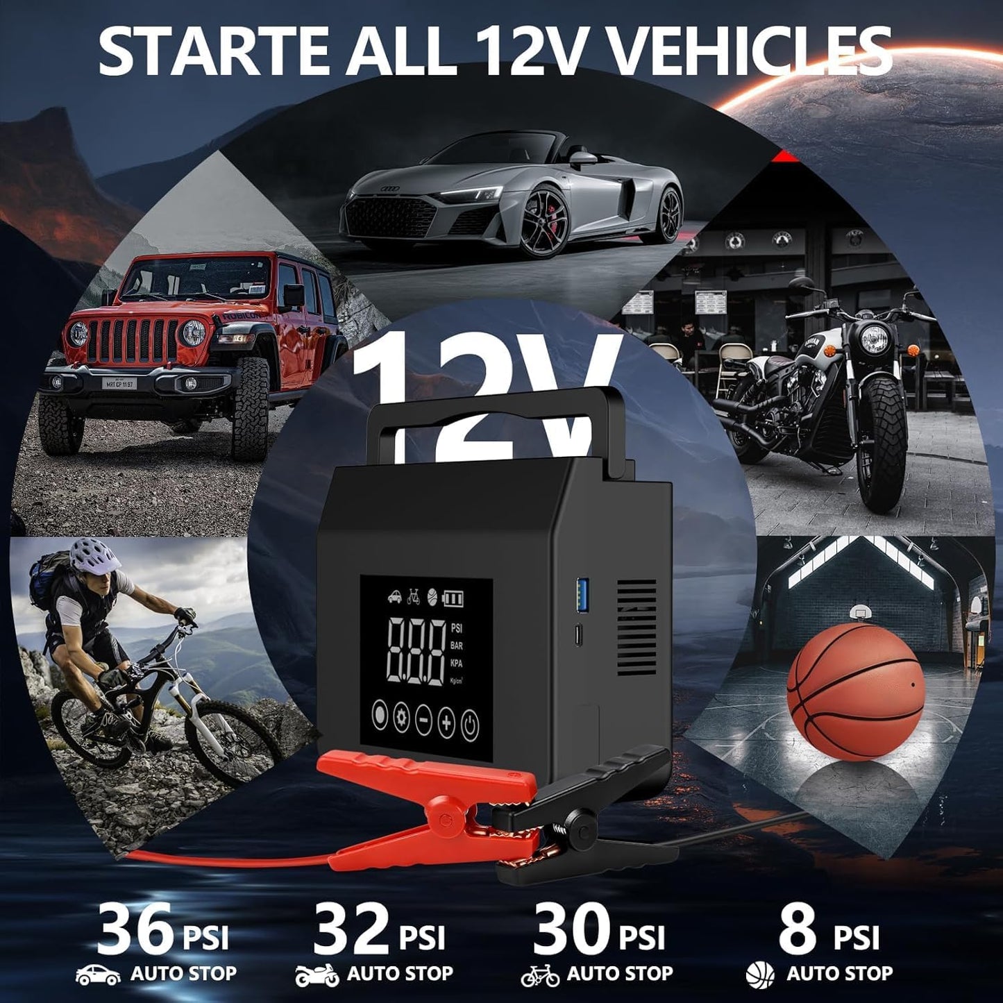 4000A Portable Car Jump Starter with 150PSI Tire Inflator, 12V Battery Booster, 15000mAh Power Bank & LED Light